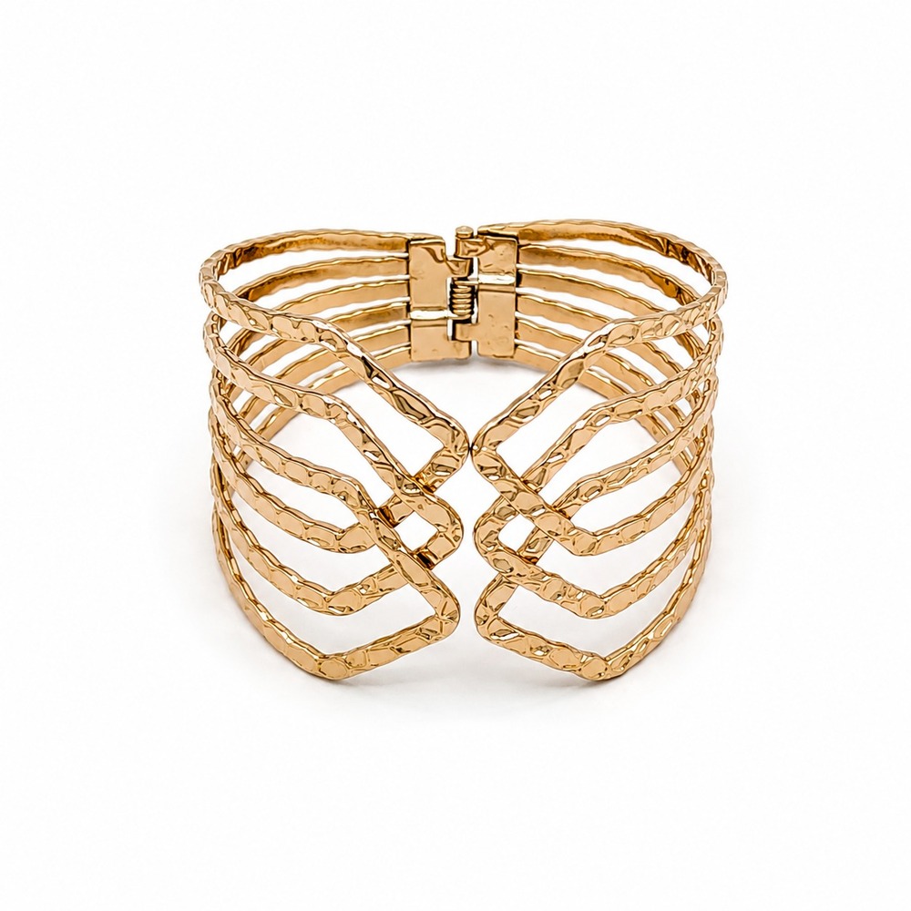 Gold Tone Openwork Hinged Cuff Bracelet Wide Textured Statement Jewelry